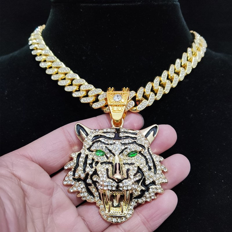 3D Tiger Pendant Necklace with 13mm Crystal Cuban Chain