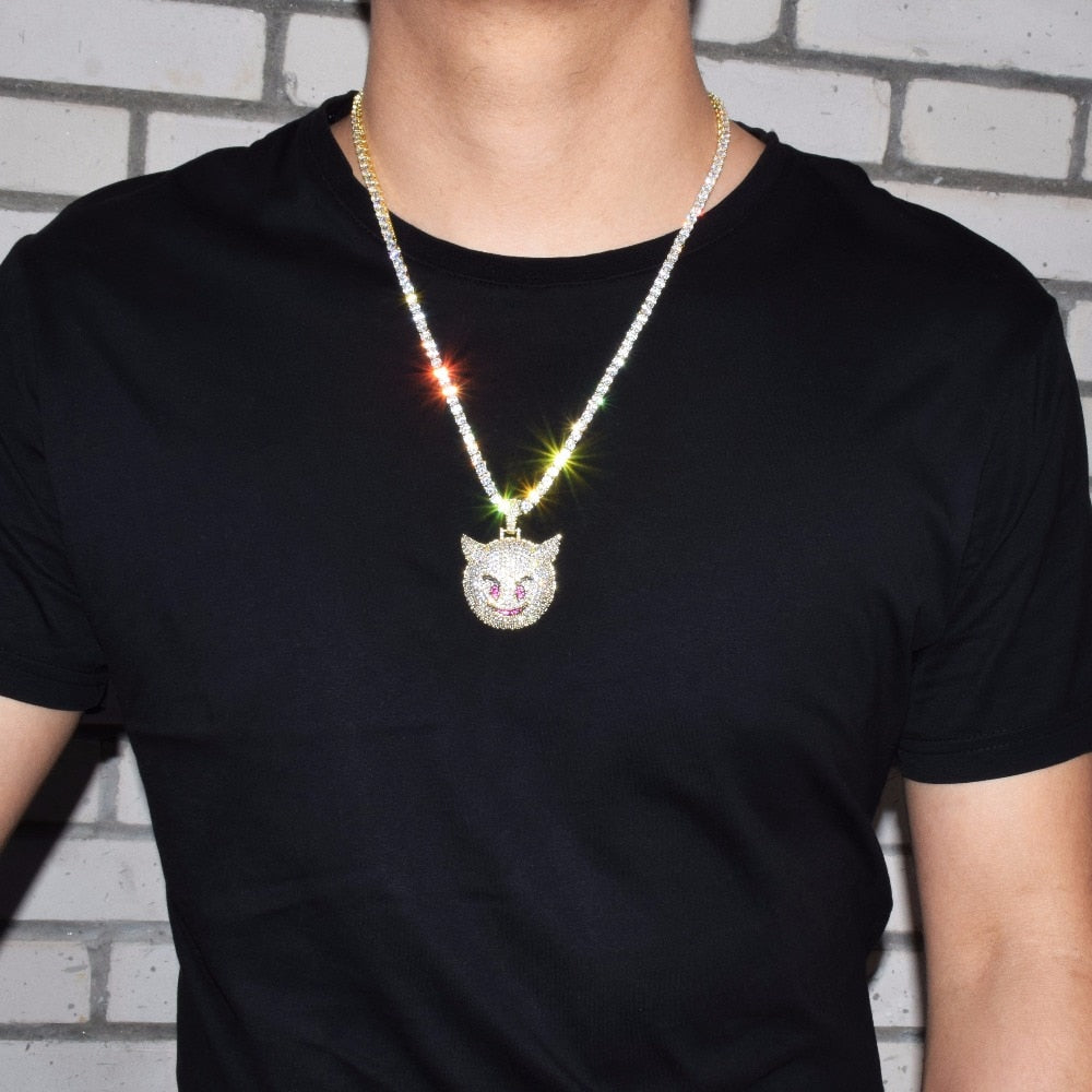 Iced Demon Evil Emoji Pendant  with Chain - RIGHTOUTFIT