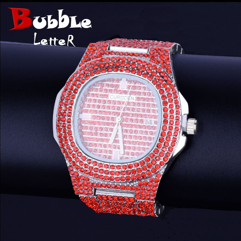 Red Men's watch Big Dial Military Quartz Clock Luxury Rhinestone Business Waterproof wrist watches Relogio Masculino Hiphop 24cm - RIGHTOUTFIT