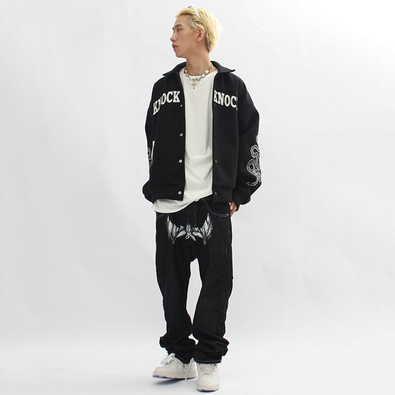 Dark Style Face Printed Denim Jeans