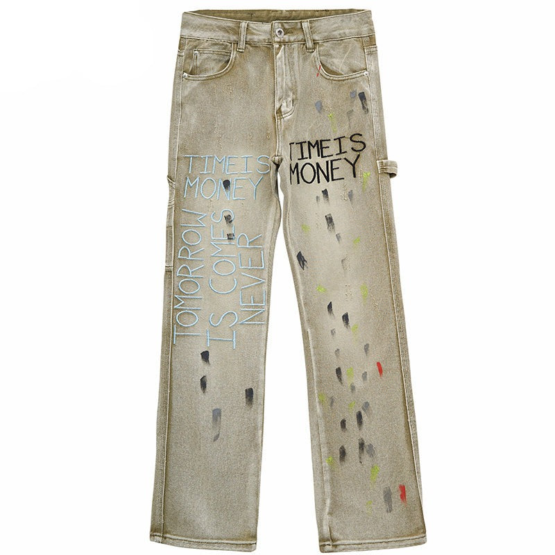Time is Money Graffiti Print Denim Jeans