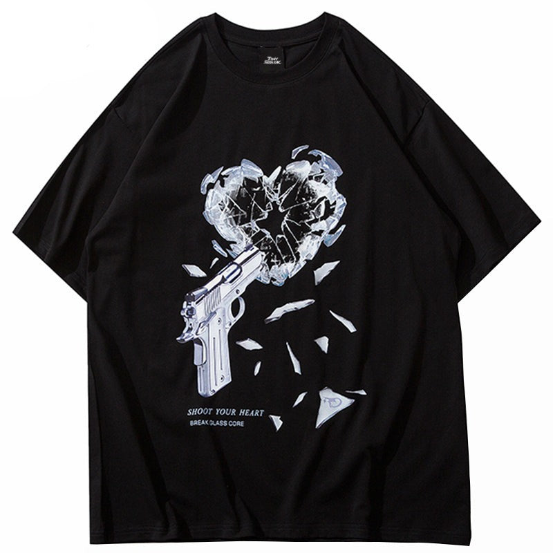 Gun Breaking Heart Print T-shirt