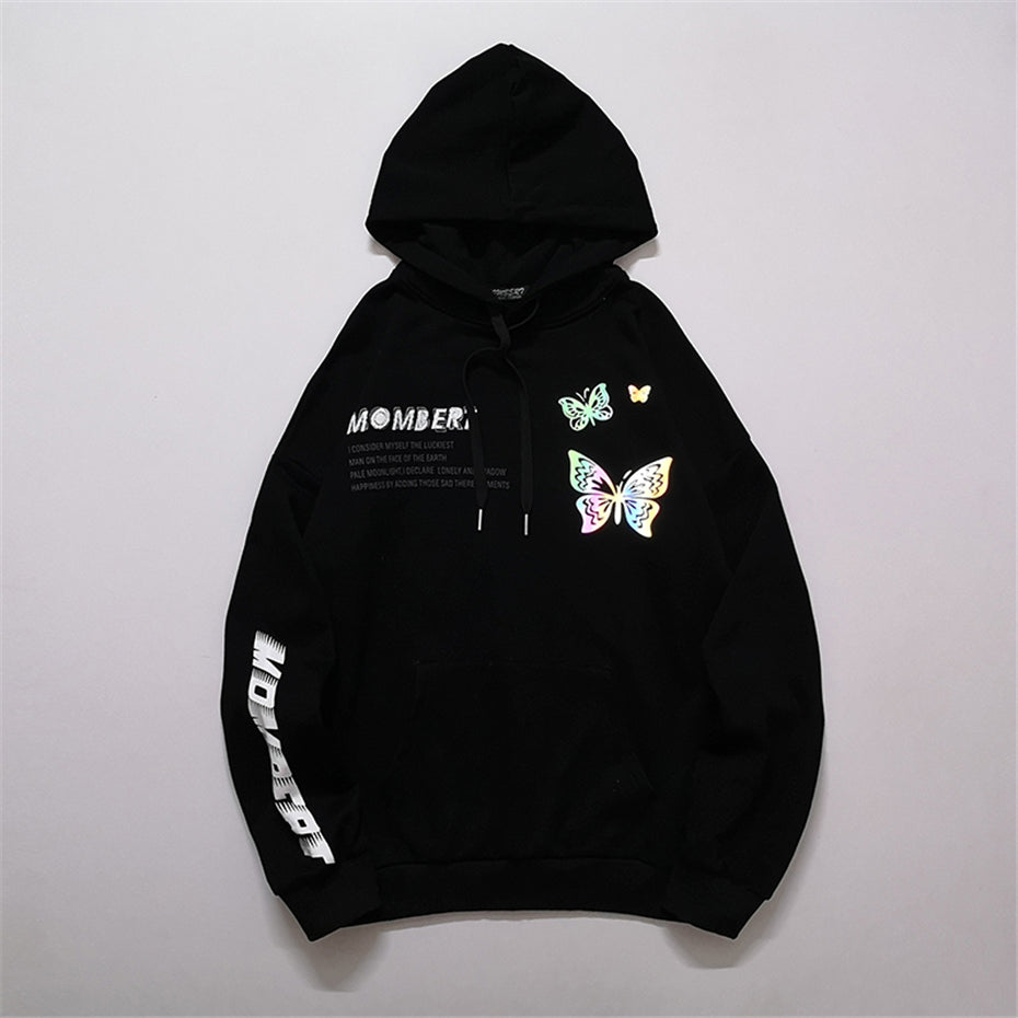 Harajuku Butterfly Reflective Print Hoodie