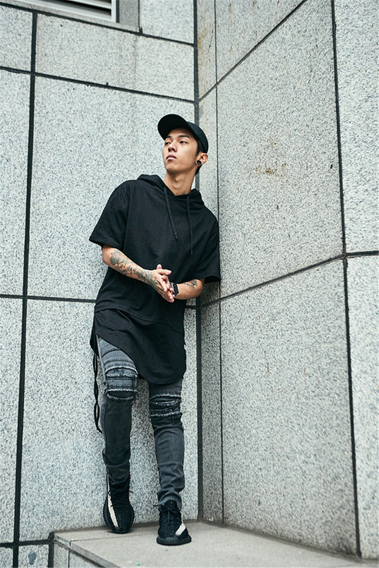 Curved side stripped T-shirt Hoodie - RIGHTOUTFIT