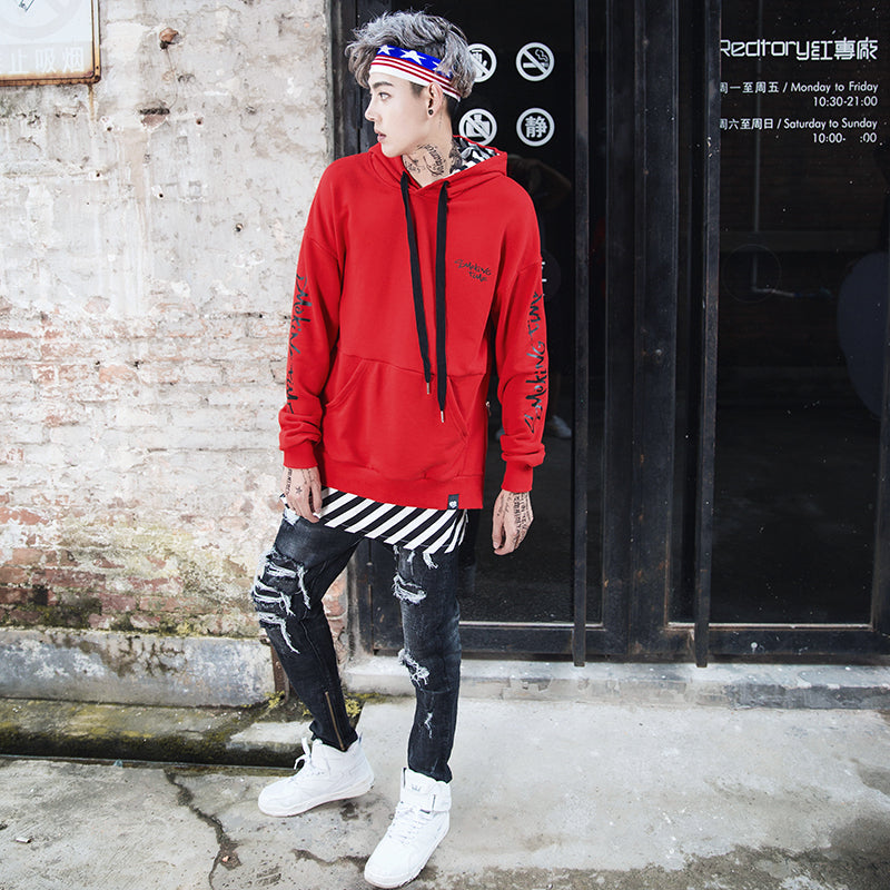 Two Piece Side Zipper Stripe Patchwork hoodie - RIGHTOUTFIT