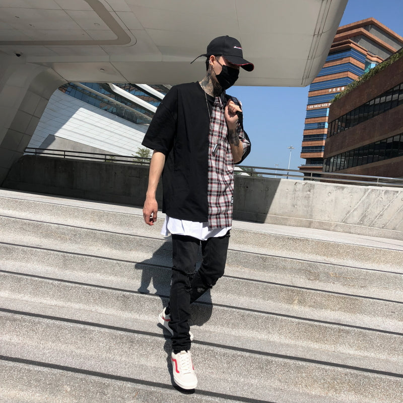 Plaid Patchwork Back Printing Oversized Tshirts - RIGHTOUTFIT