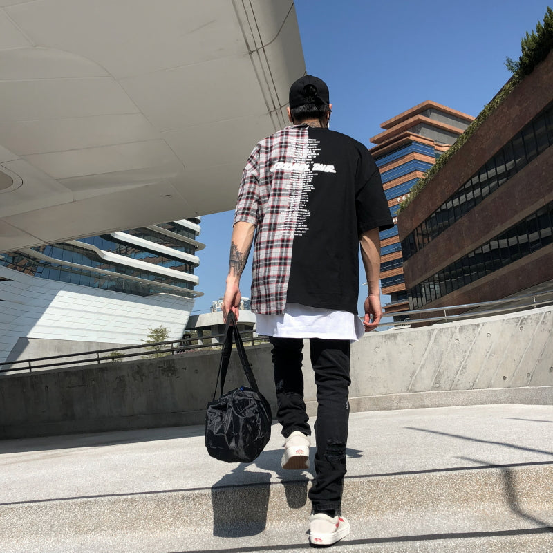 Plaid Patchwork Back Printing Oversized Tshirts - RIGHTOUTFIT