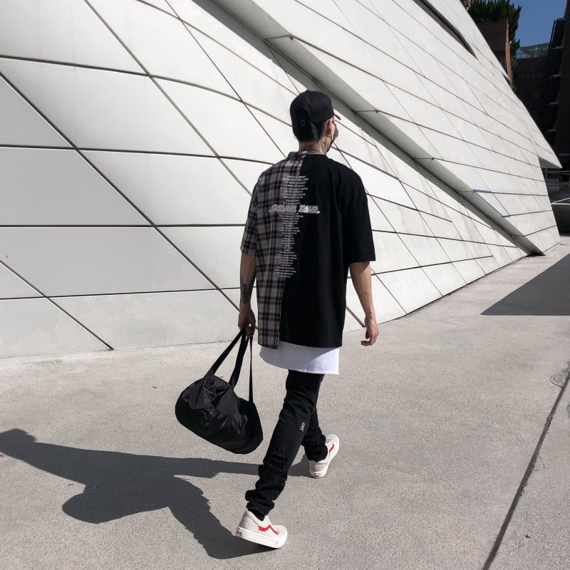 Plaid Patchwork Back Printing Oversized Tshirts - RIGHTOUTFIT