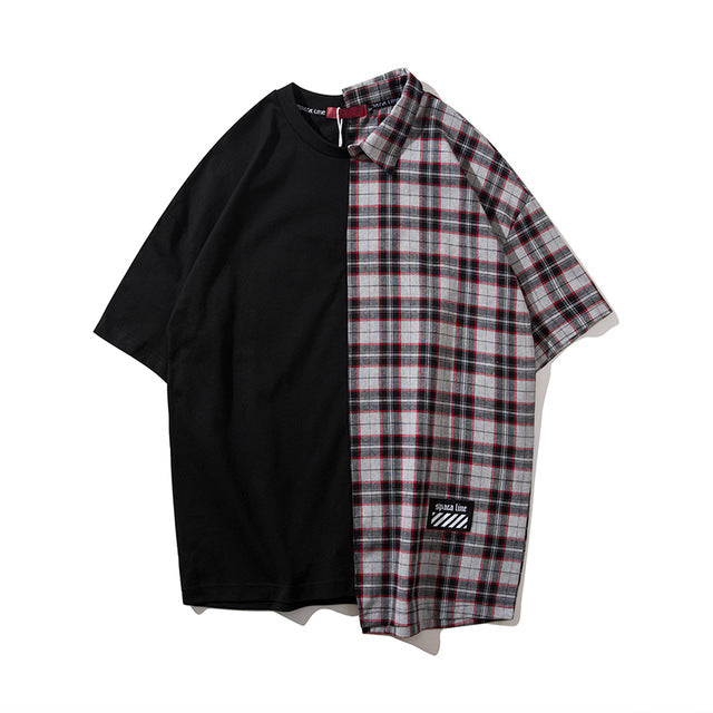 Plaid Patchwork Back Printing Oversized Tshirts - RIGHTOUTFIT