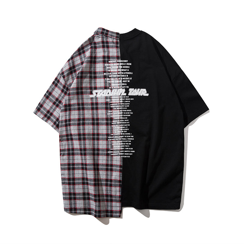 Plaid Patchwork Back Printing Oversized Tshirts - RIGHTOUTFIT
