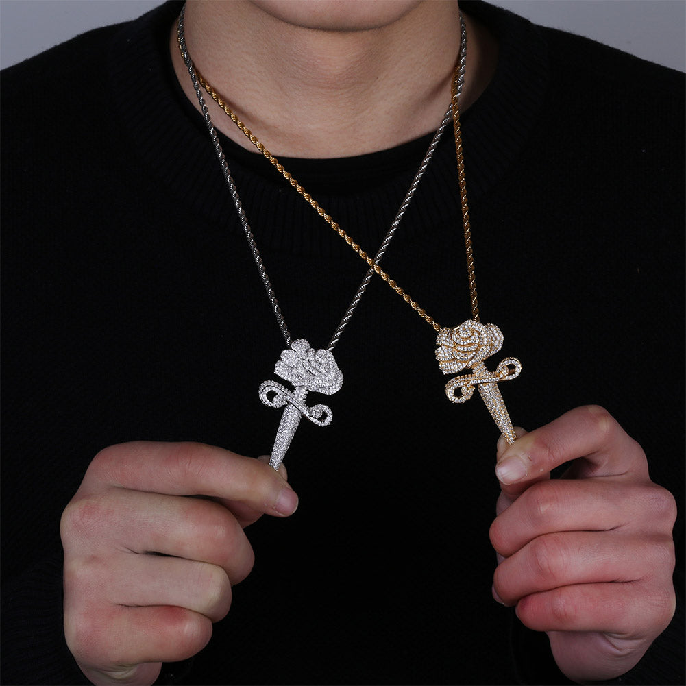Iced Out Sword Flower Pendant With Chain - RIGHTOUTFIT