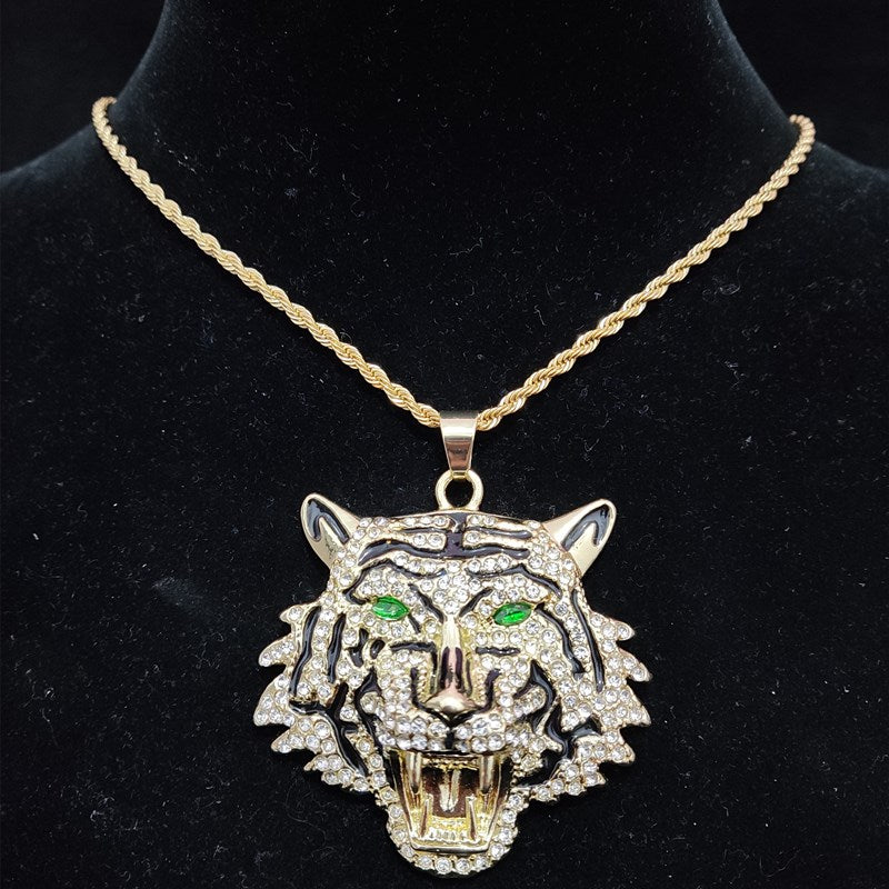 3D Tiger Pendant Necklace with 13mm Crystal Cuban Chain