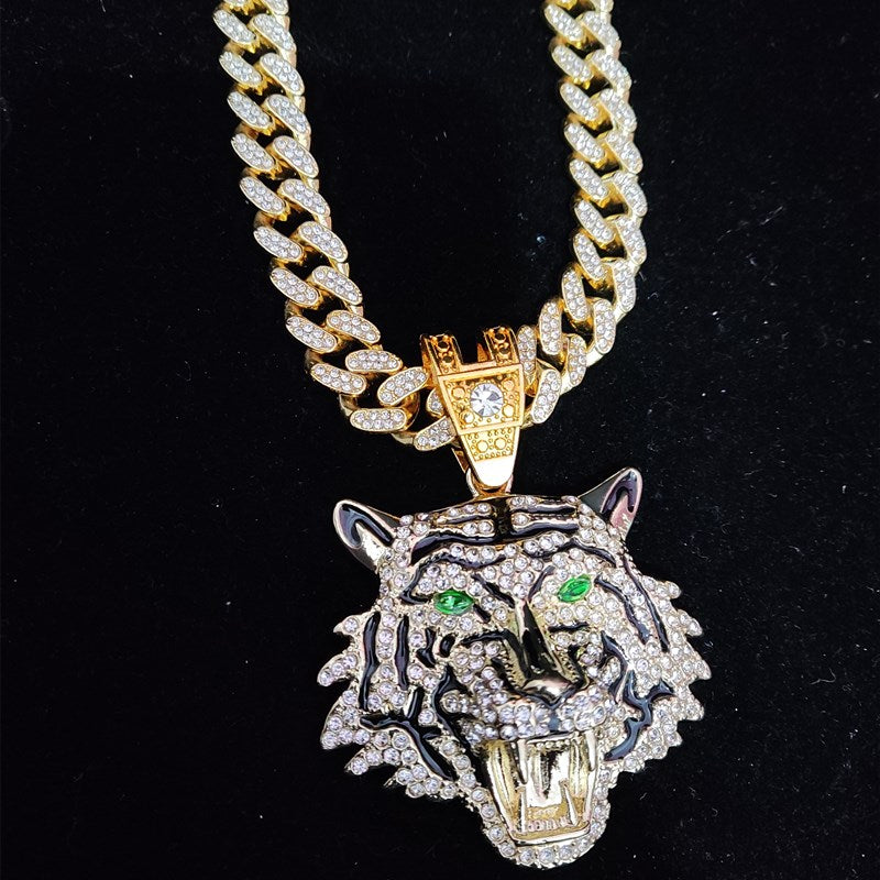 3D Tiger Pendant Necklace with 13mm Crystal Cuban Chain