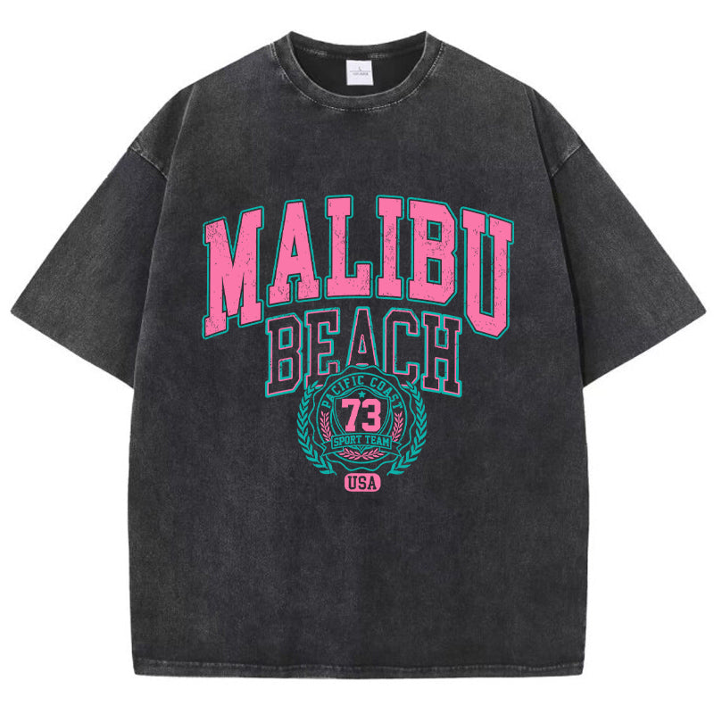 Washed Cotton T-Shirt – Malibu Beach Letter Print