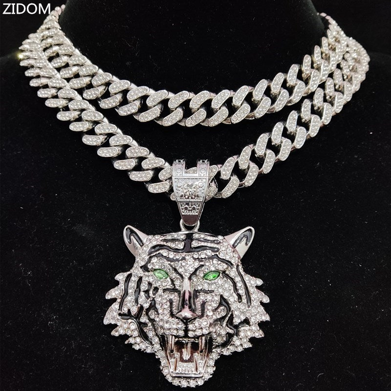 3D Tiger Pendant Necklace with 13mm Crystal Cuban Chain