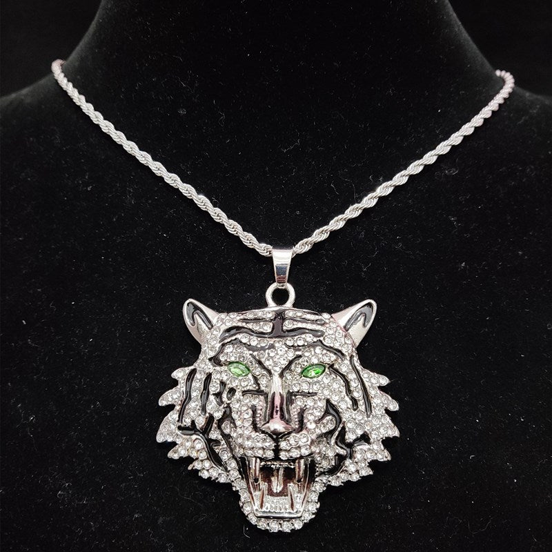 3D Tiger Pendant Necklace with 13mm Crystal Cuban Chain