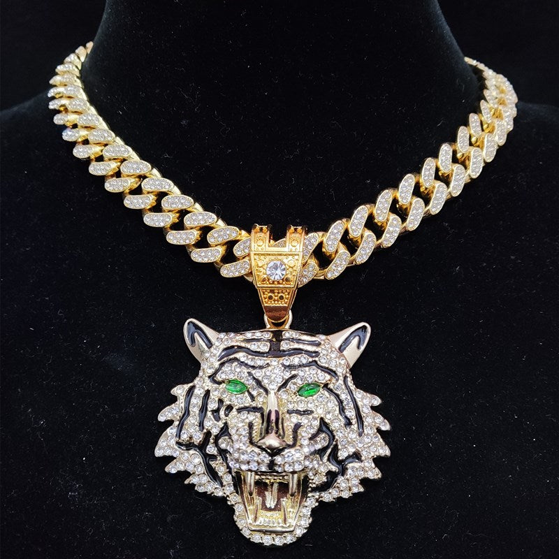 3D Tiger Pendant Necklace with 13mm Crystal Cuban Chain