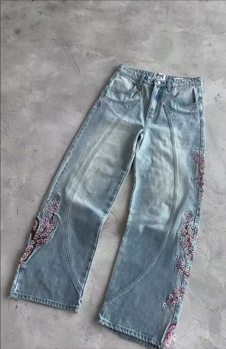 Vintage Cherry Blossom Black Knight Embroidery Jeans