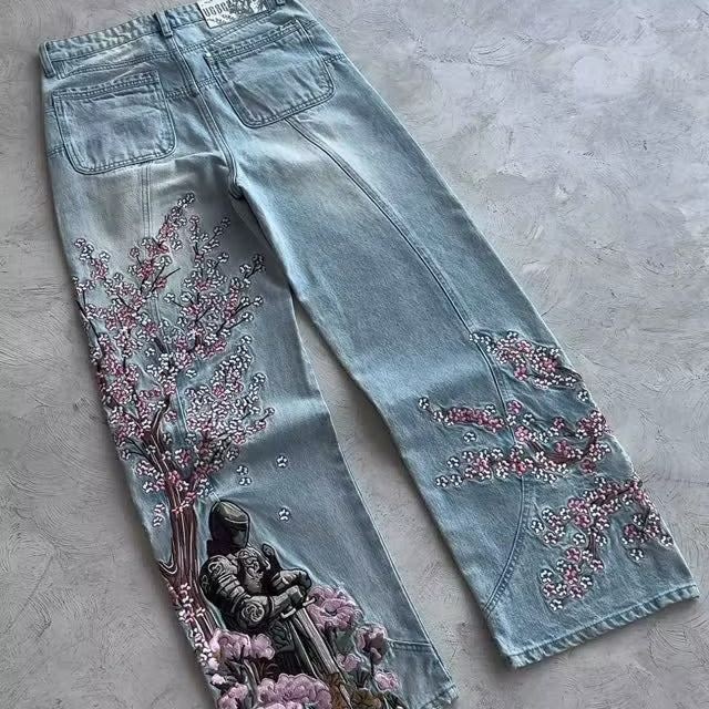Vintage Cherry Blossom Black Knight Embroidery Jeans