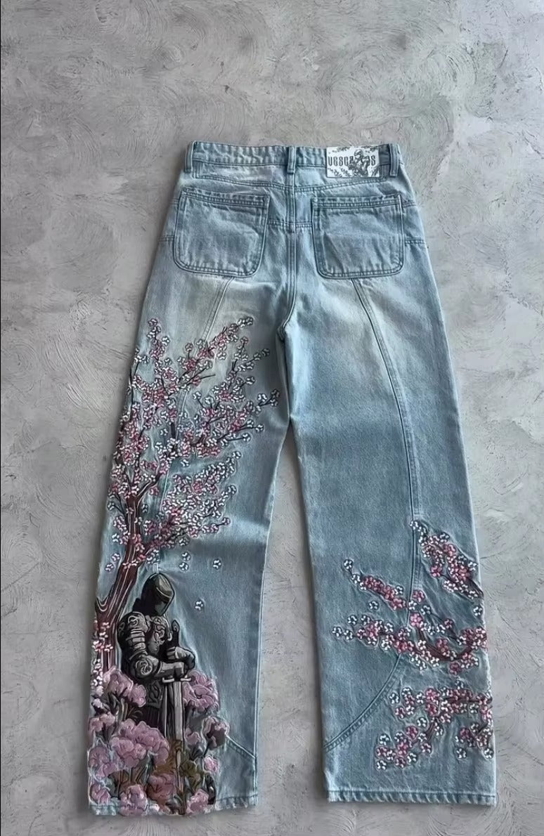 Vintage Cherry Blossom Black Knight Embroidery Jeans
