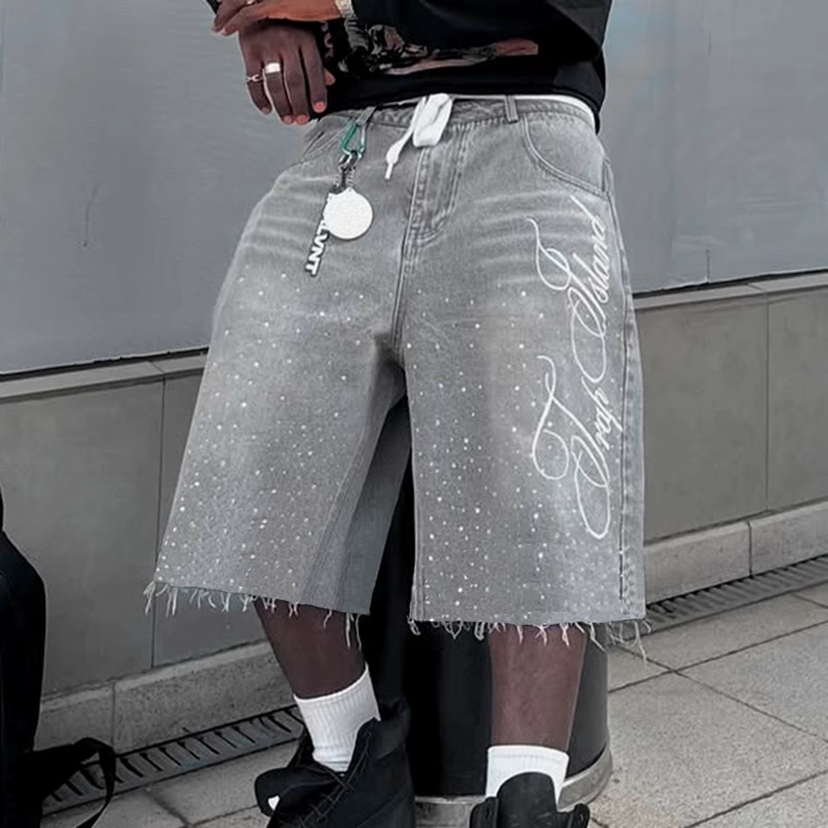 Letter Embroidered Shiny Rhinestone Decor Jeans Shorts