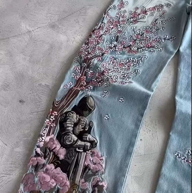 Vintage Cherry Blossom Black Knight Embroidery Jeans