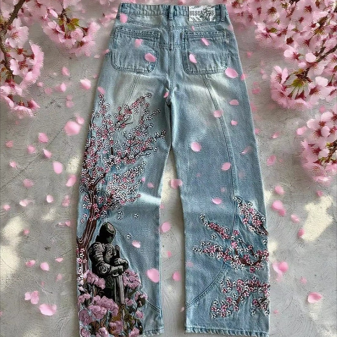 Vintage Cherry Blossom Black Knight Embroidery Jeans