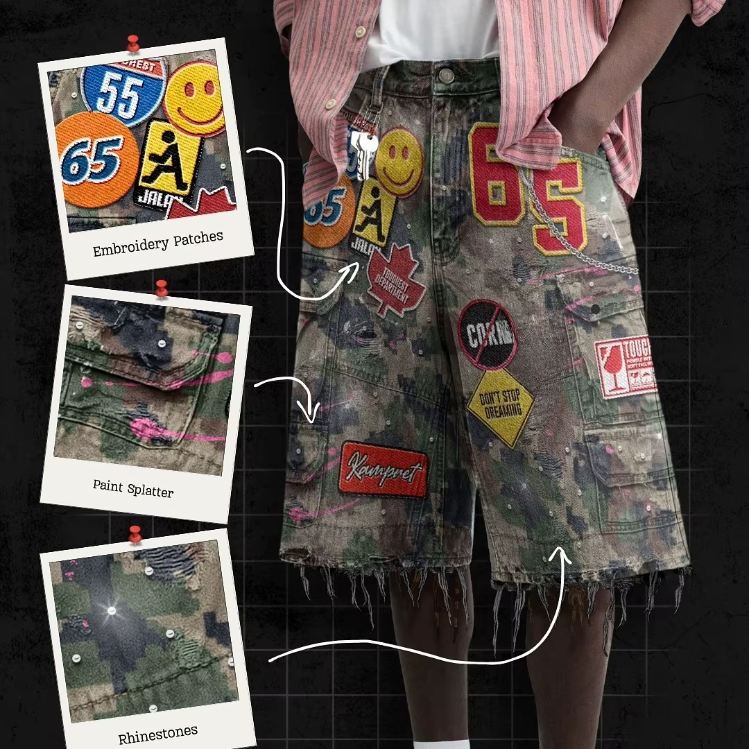 Retro Blue Streetwear Patchwork Denim Shorts