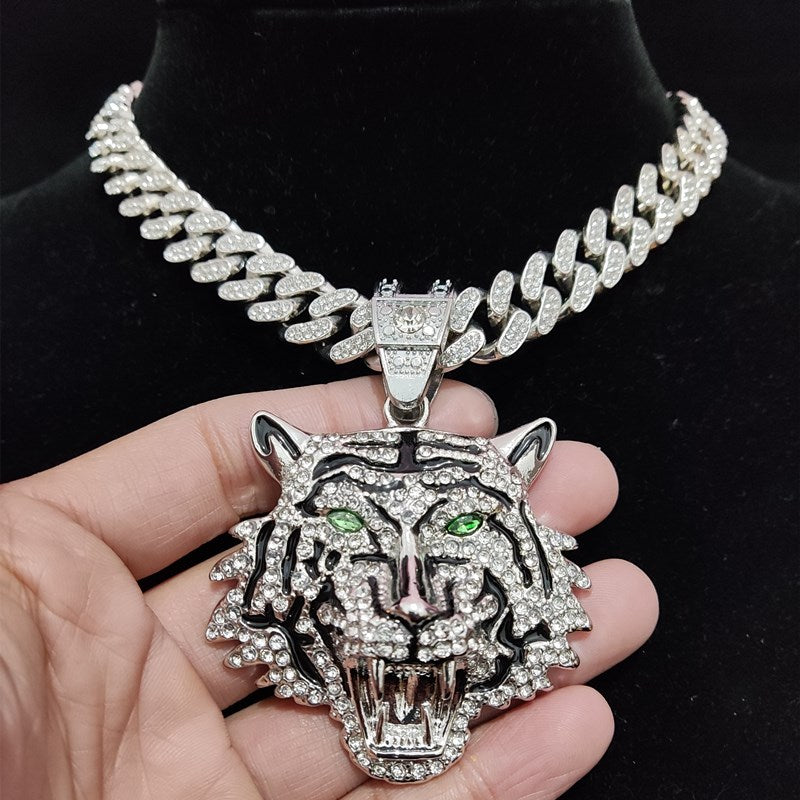 3D Tiger Pendant Necklace with 13mm Crystal Cuban Chain