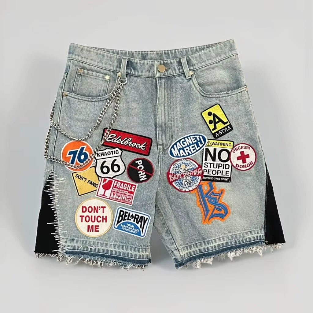 Retro Blue Streetwear Patchwork Denim Shorts