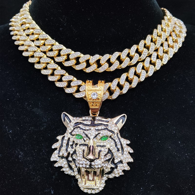 3D Tiger Pendant Necklace with 13mm Crystal Cuban Chain