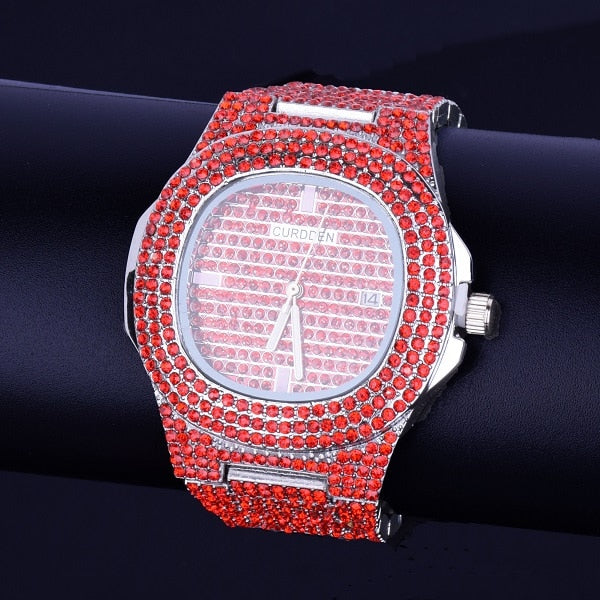 Red Men's watch Big Dial Military Quartz Clock Luxury Rhinestone Business Waterproof wrist watches Relogio Masculino Hiphop 24cm - RIGHTOUTFIT