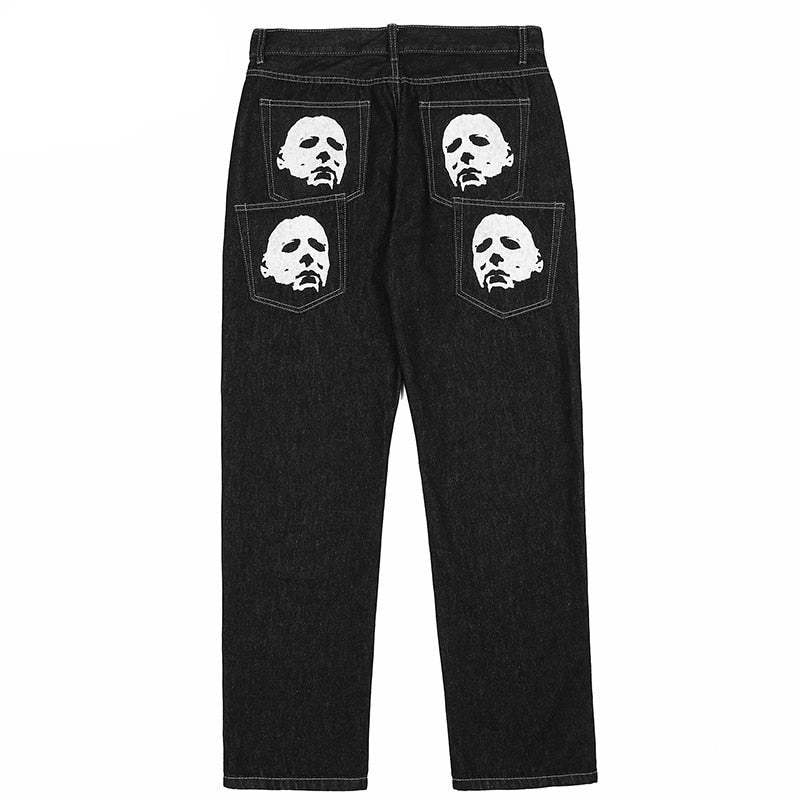 Dark Style Face Printed Denim Jeans