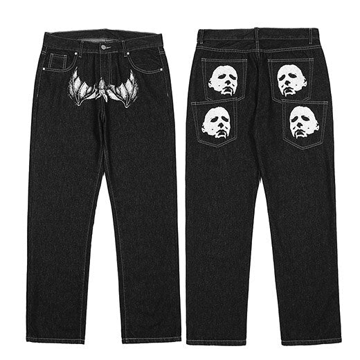 Dark Style Face Printed Denim Jeans