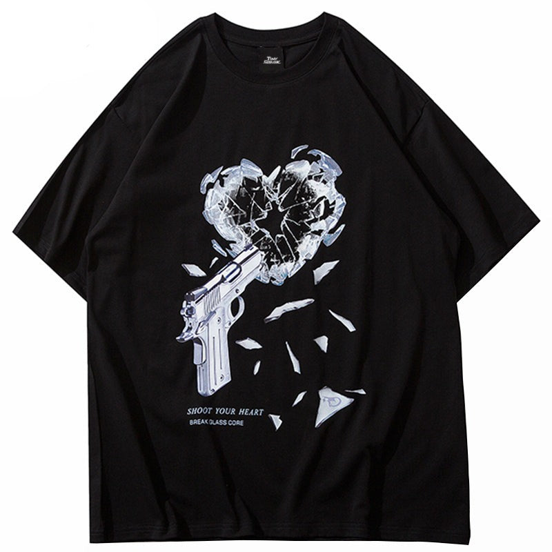 Gun Breaking Heart Print T-shirt