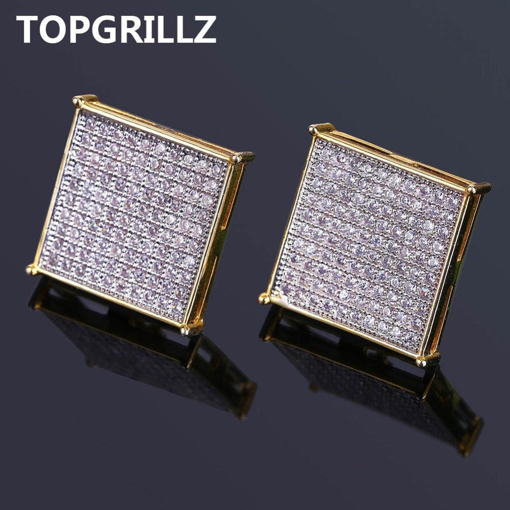 TOPGRILLZ Hip Hop Men's Bling Jewelry Earring Gold Color Iced Out Micro Pave Cubic Zircon Lab D Stud Earrings With Screw Back - RIGHTOUTFIT