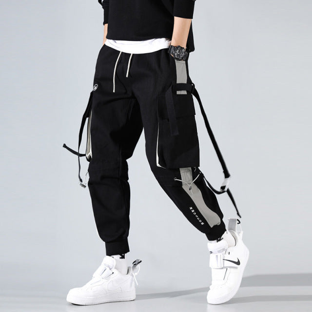 2020 New Fashion Men Joggers Cargo Pant Streetwear Casual Sweatpants Patchwork Pants Hip Hop Ribbon Pocket Male White HT136