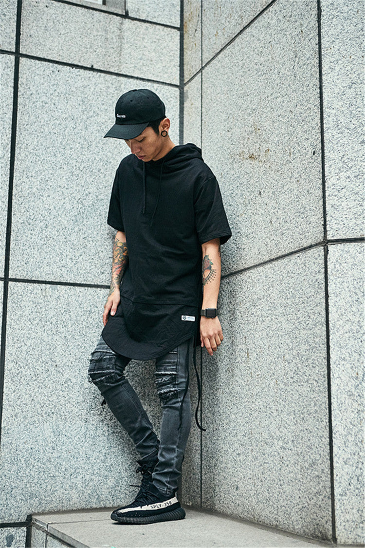 Curved side stripped T-shirt Hoodie - RIGHTOUTFIT